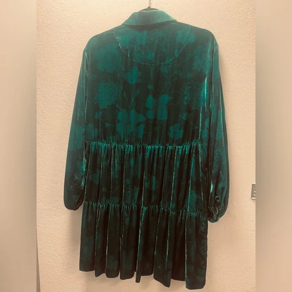 Anthropologie Maeve green teal Velvet floral mini Dress with two pockets NWOT - Picture 2 of 4